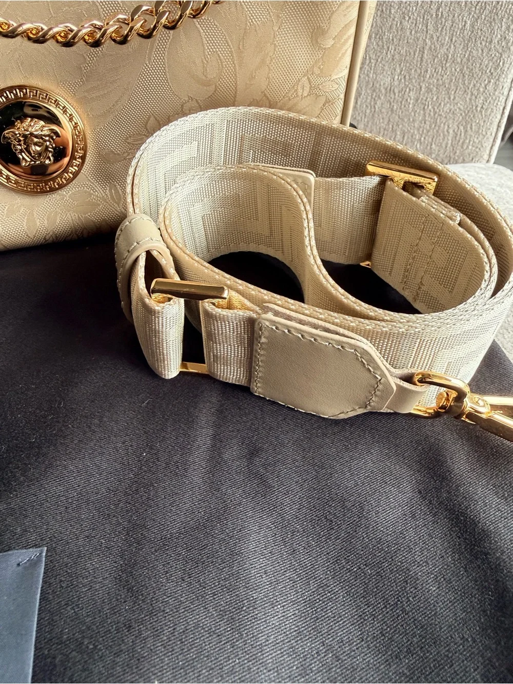 Versace Beige Floral Paisley Nylon Shoulder Crossbody Bag with Gold Chain New